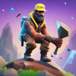 A Fortnite-style character mining ore with a pickaxe in hand