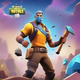 A Fortnite-style character mining ore with a pickaxe in hand