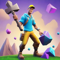 A Fortnite-style character mining ore with a pickaxe in hand