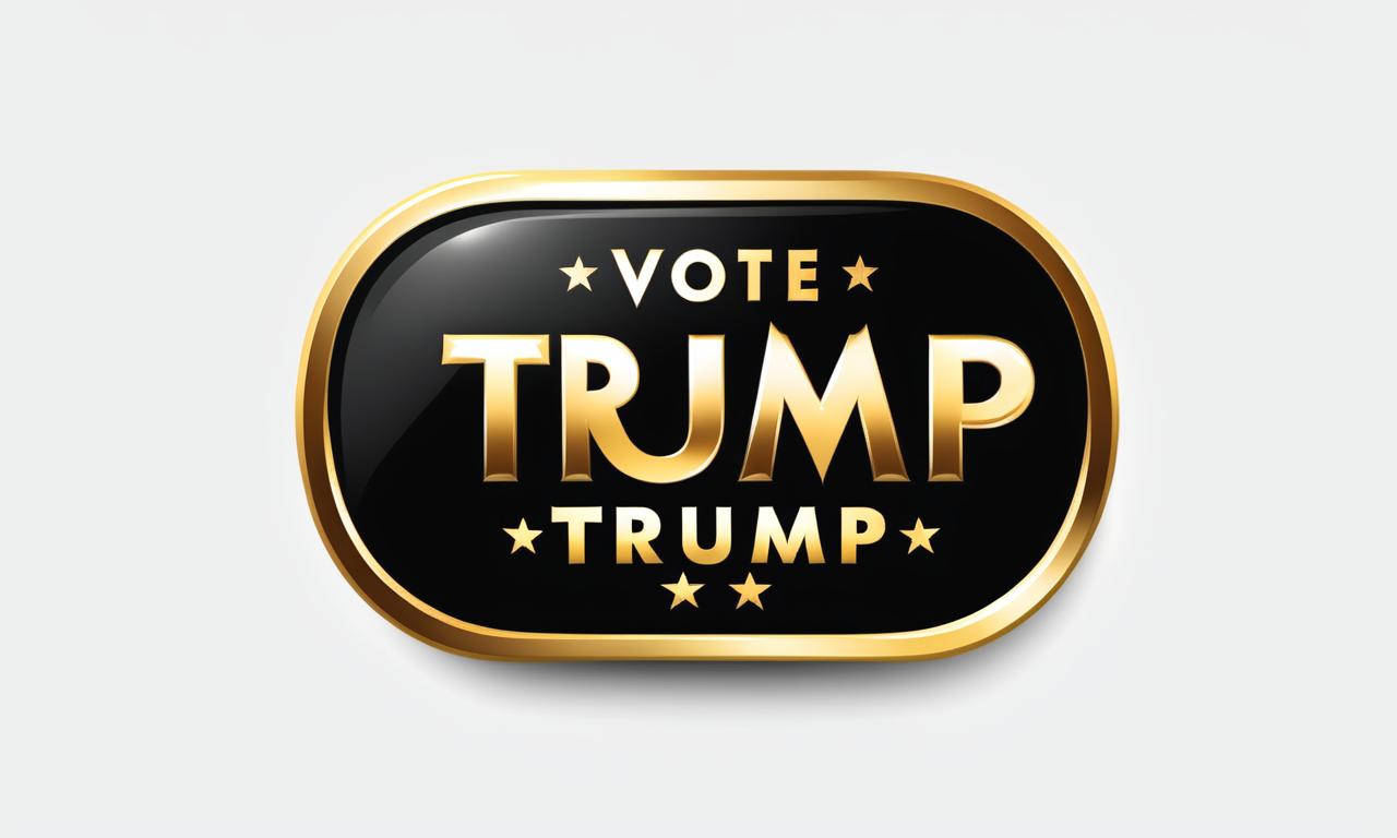 Extravagant logo with large lettering saying 'Vote Trump' in gold against a black background.