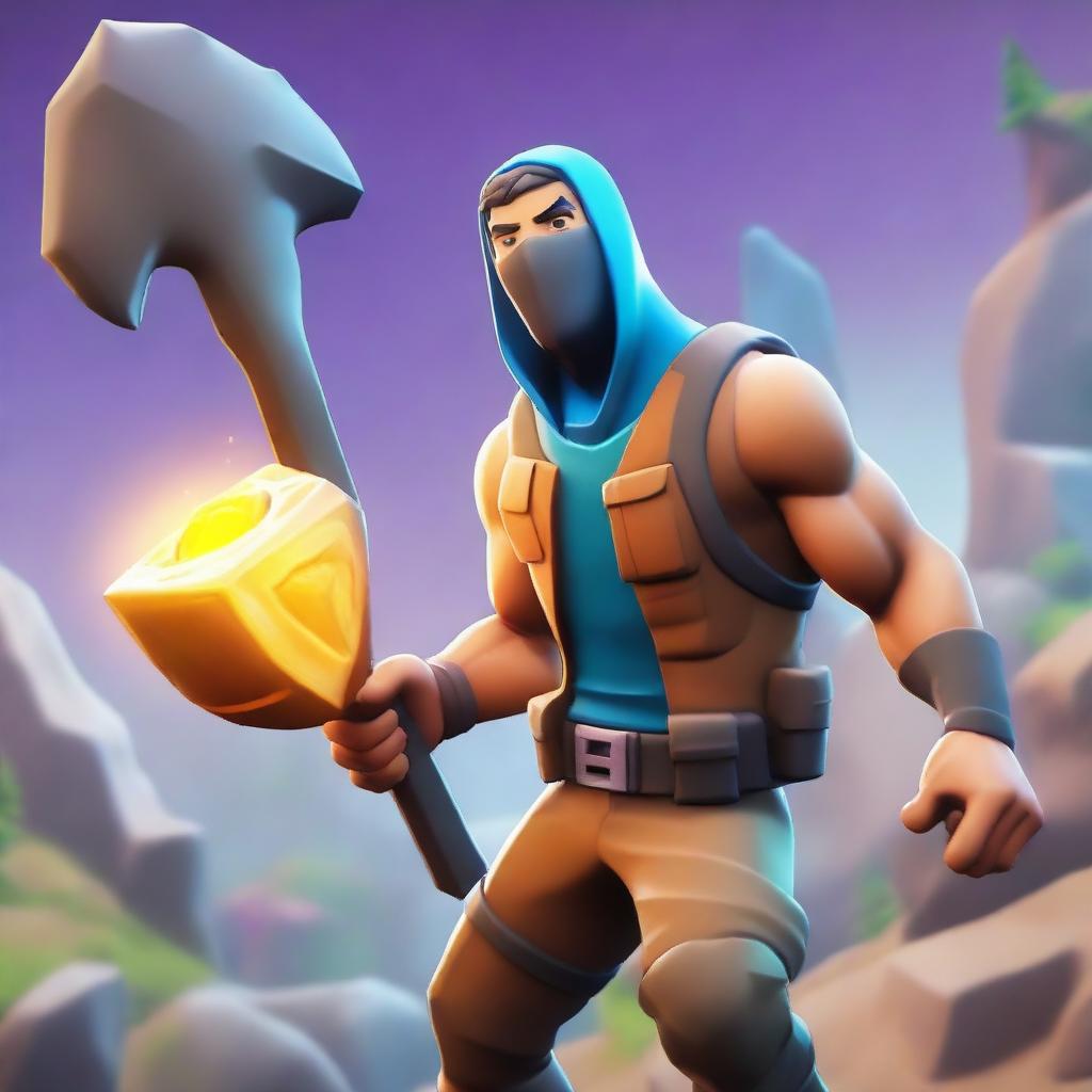 A Fortnite-style character mining ore with a pickaxe in hand