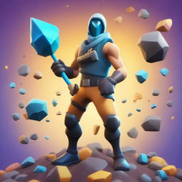 A Fortnite-style character mining ore with a pickaxe in hand