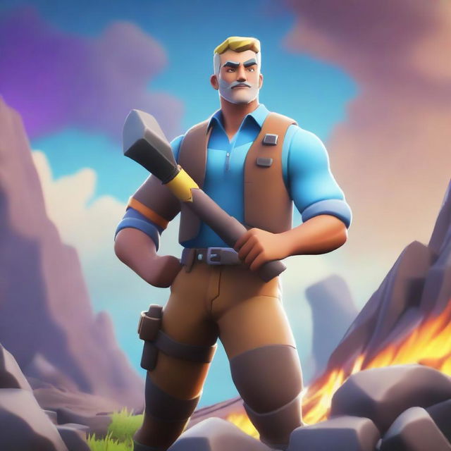 A Fortnite-style character mining ore with a pickaxe in hand