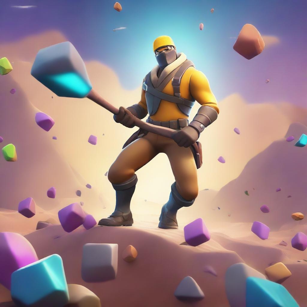 A Fortnite-style character mining ore with a pickaxe in hand