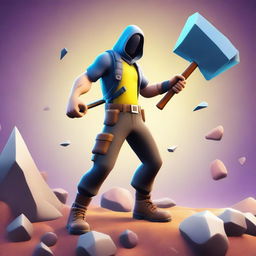 A Fortnite-style character mining ore with a pickaxe in hand