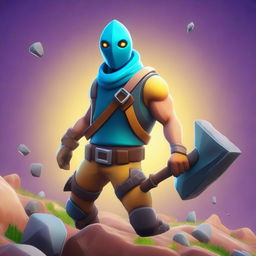 A Fortnite-style character mining ore with a pickaxe in hand