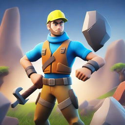 A Fortnite-style character mining ore with a pickaxe in hand