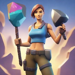 A Fortnite-style female character mining ore with a pickaxe in hand