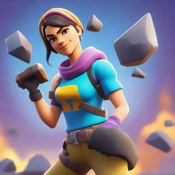 A Fortnite-style female character mining ore with a pickaxe in hand