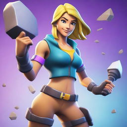 A Fortnite-style female character mining ore with a pickaxe in hand