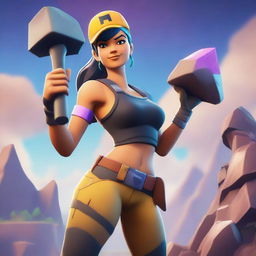 A Fortnite-style female character mining ore with a pickaxe in hand