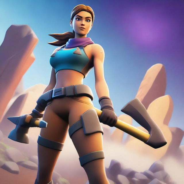 A Fortnite-style female character mining ore with a pickaxe in hand