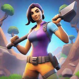 A Fortnite-style female character mining ore with a pickaxe in hand