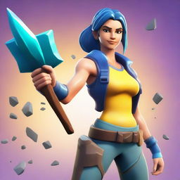 A Fortnite-style female character mining ore with a pickaxe in hand