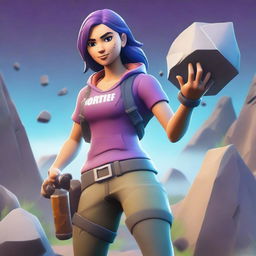 A Fortnite-style girl mining ore with a pickaxe in hand