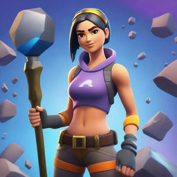 A Fortnite-style girl mining ore with a pickaxe in hand