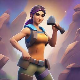 A Fortnite-style girl mining ore with a pickaxe in hand