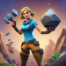 A Fortnite-style girl mining ore with a pickaxe in hand