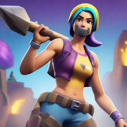 A Fortnite-style girl mining ore with a pickaxe in hand