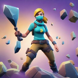 A Fortnite-style girl mining ore with a pickaxe in hand