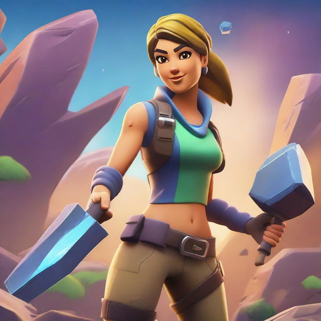 A Fortnite-style girl mining ore with a pickaxe in hand