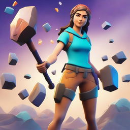 A Fortnite-style girl mining ore with a pickaxe in hand