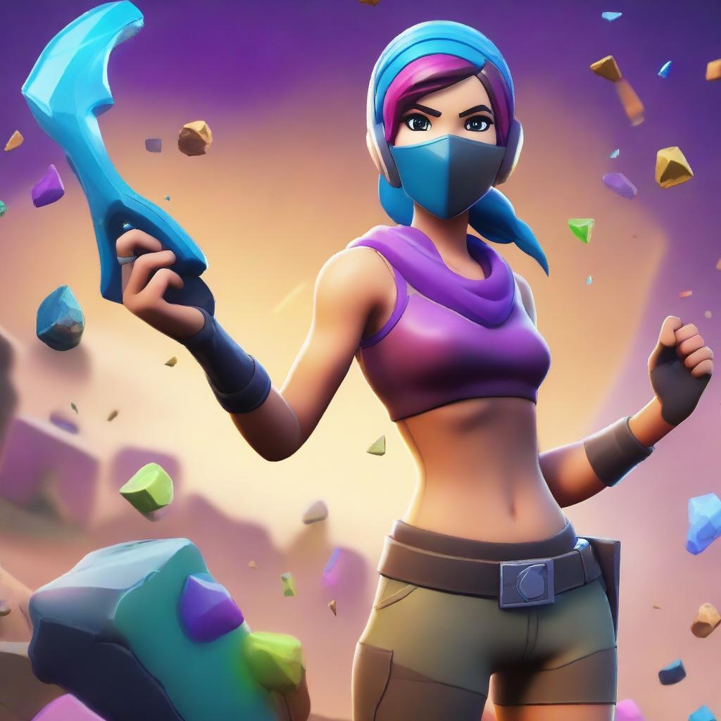 A Fortnite-style girl mining ore with a pickaxe in hand