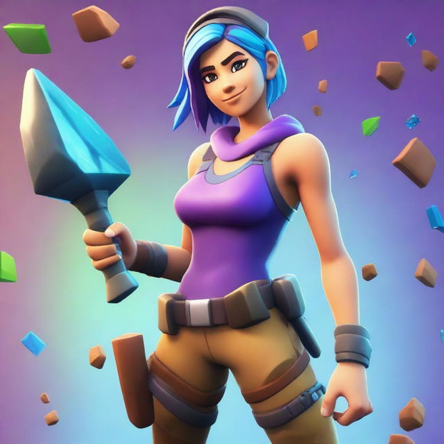 A Fortnite-style girl mining ore with a pickaxe in hand