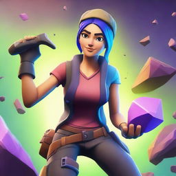 A Fortnite-style girl mining ore with a pickaxe in hand