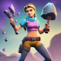 A Fortnite-style girl mining ore with a pickaxe in hand