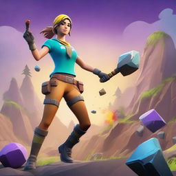 A Fortnite-style girl mining ore with a pickaxe in hand