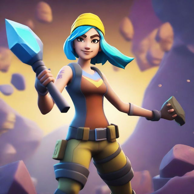 A Fortnite-style girl mining ore with a pickaxe in hand