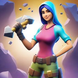 A Fortnite-style girl mining ore with a pickaxe in hand