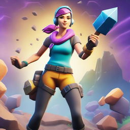 A Fortnite-style girl mining ore with a pickaxe in hand