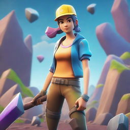 A Fortnite-style girl mining ore with a pickaxe in hand