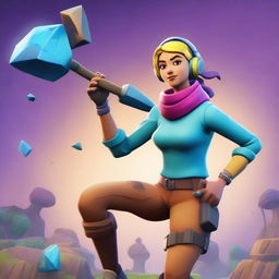 A Fortnite-style girl mining ore with a pickaxe in hand