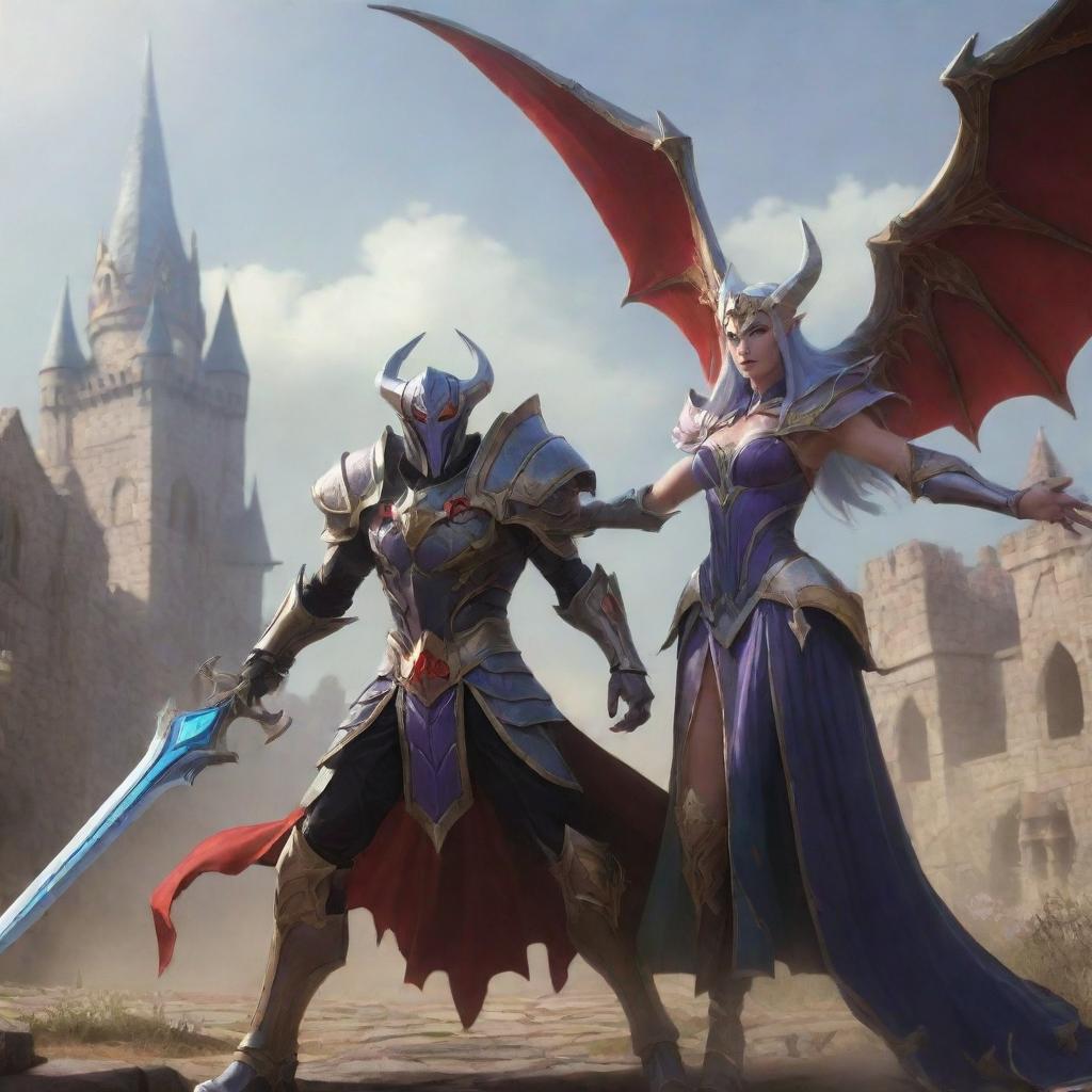 Aatrox and Soraka from League of Legends, depicted in a fantasy medieval setting playing in the League of Runaterra