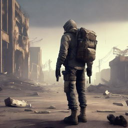 A character from an apocalypse-themed video game, wearing rugged and worn-out clothing, carrying survival gear such as a backpack and weapons, set in a desolate, post-apocalyptic landscape with ruined buildings and a bleak atmosphere