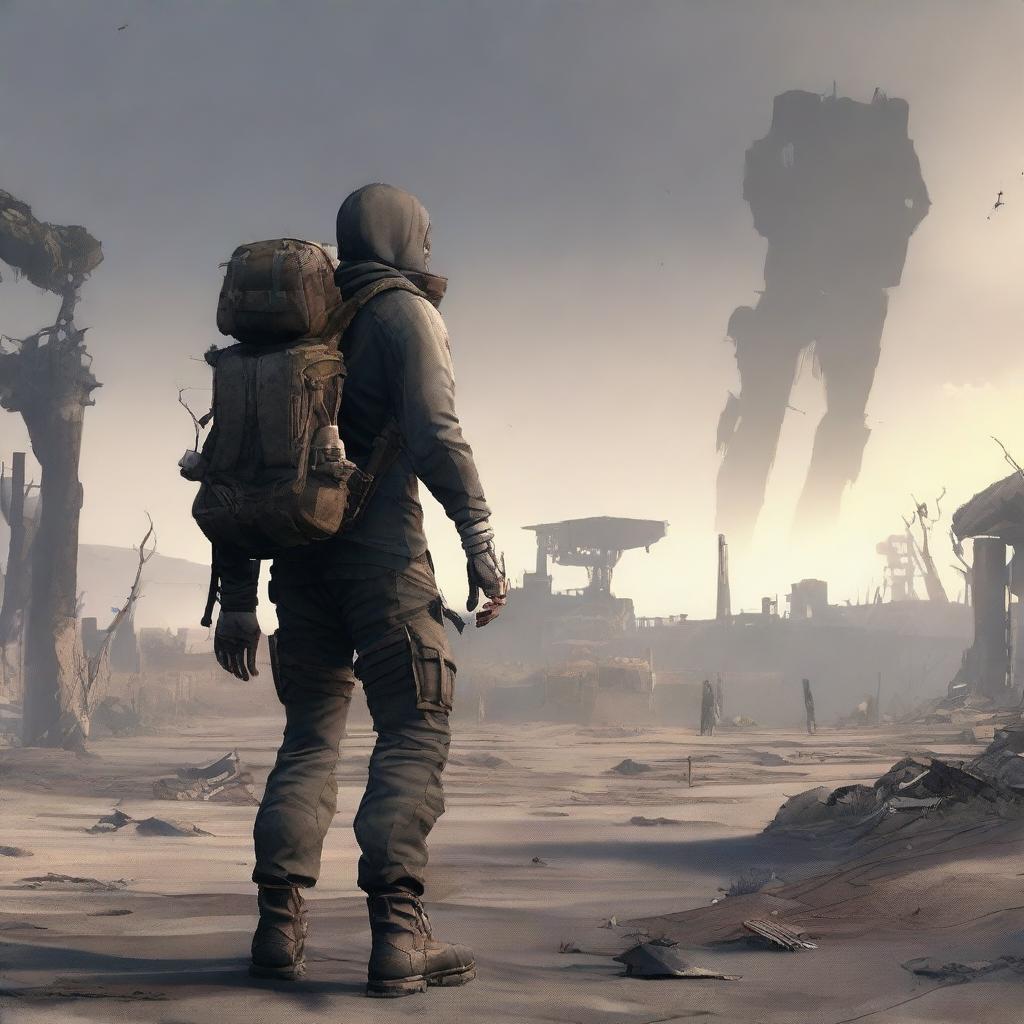 A character from an apocalypse-themed video game, wearing rugged and worn-out clothing, carrying survival gear such as a backpack and weapons, set in a desolate, post-apocalyptic landscape with ruined buildings and a bleak atmosphere