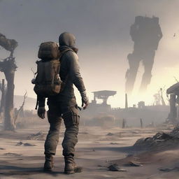 A character from an apocalypse-themed video game, wearing rugged and worn-out clothing, carrying survival gear such as a backpack and weapons, set in a desolate, post-apocalyptic landscape with ruined buildings and a bleak atmosphere