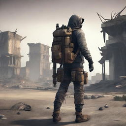 A character from an apocalypse-themed video game, wearing rugged and worn-out clothing, carrying survival gear such as a backpack and weapons, set in a desolate, post-apocalyptic landscape with ruined buildings and a bleak atmosphere