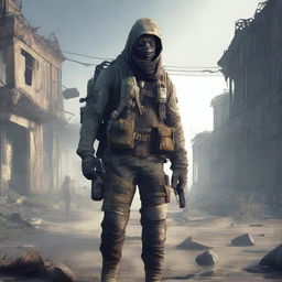 A character from an apocalypse-themed video game, wearing rugged and worn-out clothing, carrying survival gear such as a backpack and weapons, set in a desolate, post-apocalyptic landscape with ruined buildings and a bleak atmosphere