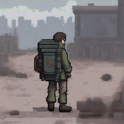 A 2D pixel art character from an apocalypse-themed video game, wearing rugged and worn-out clothing, carrying survival gear such as a backpack and weapons, set in a desolate, post-apocalyptic landscape with ruined buildings and a bleak atmosphere