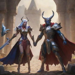 Aatrox and Soraka from League of Legends, depicted in a fantasy medieval setting playing in the League of Runaterra