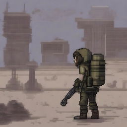 A 2D pixel art character from an apocalypse-themed video game, wearing rugged and worn-out clothing, carrying survival gear such as a backpack and weapons, set in a desolate, post-apocalyptic landscape with ruined buildings and a bleak atmosphere