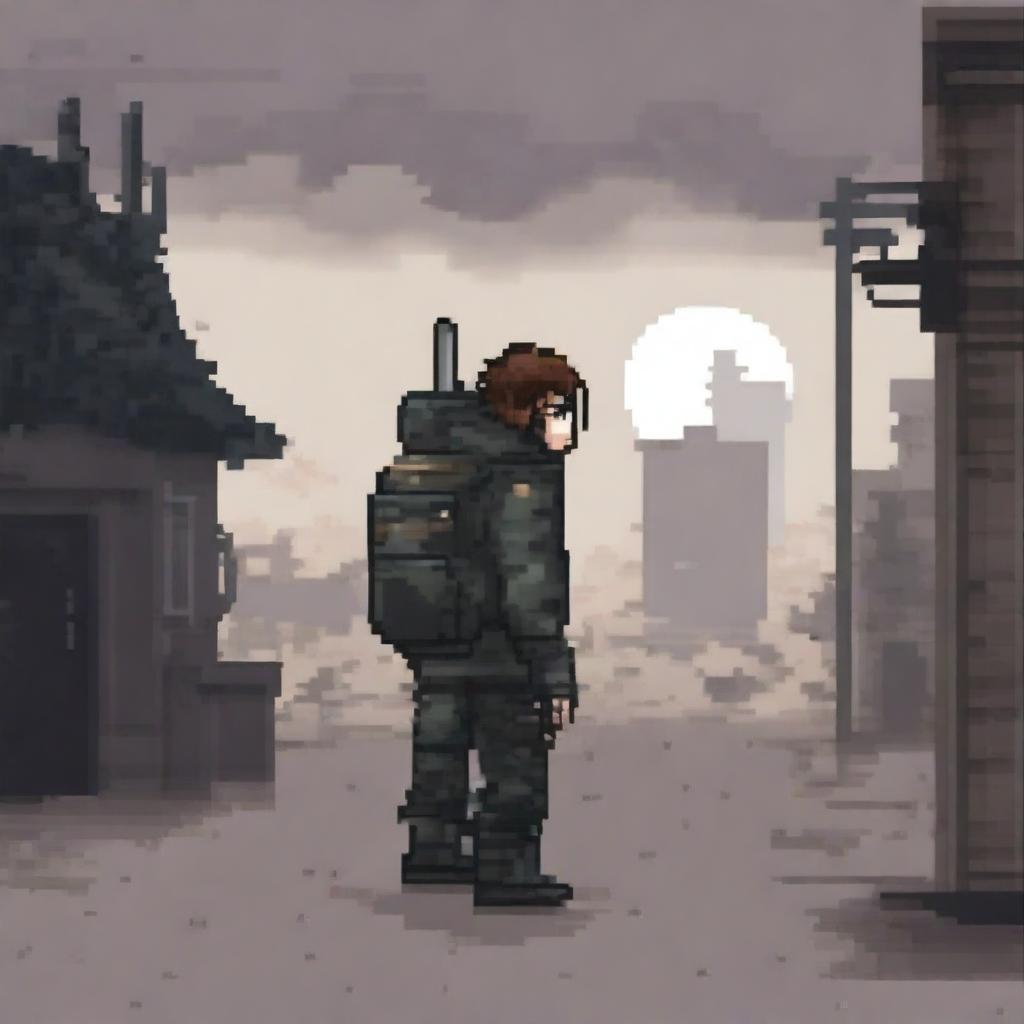 A 2D pixel art character from an apocalypse-themed video game, wearing rugged and worn-out clothing, carrying survival gear such as a backpack and weapons, set in a desolate, post-apocalyptic landscape with ruined buildings and a bleak atmosphere