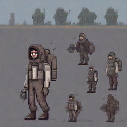 A 2D pixel art character from an apocalypse-themed video game, wearing rugged and worn-out clothing, carrying survival gear such as a backpack and weapons, set in a desolate, post-apocalyptic landscape with ruined buildings and a bleak atmosphere