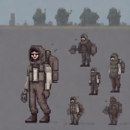 A 2D pixel art character from an apocalypse-themed video game, wearing rugged and worn-out clothing, carrying survival gear such as a backpack and weapons, set in a desolate, post-apocalyptic landscape with ruined buildings and a bleak atmosphere