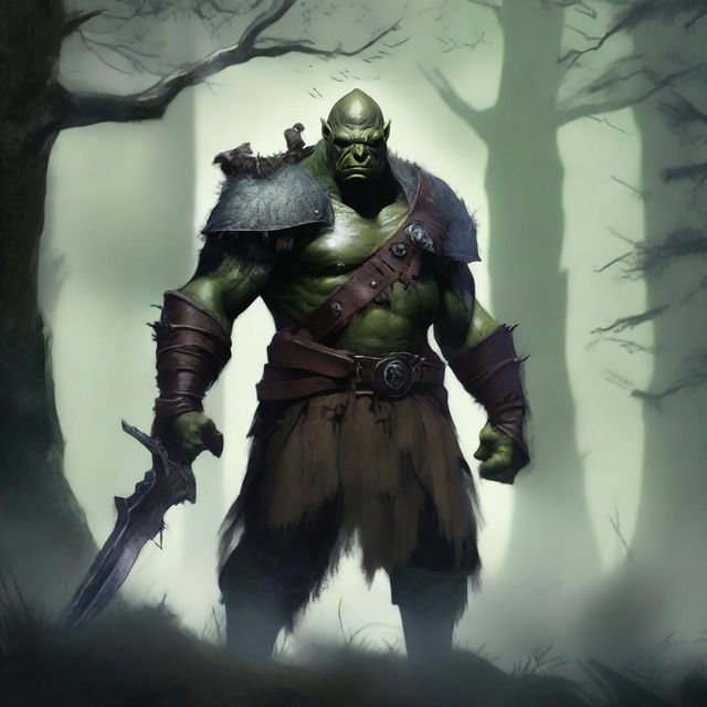 A rogue orc character standing in a dark forest, wearing tattered leather armor and holding a dagger