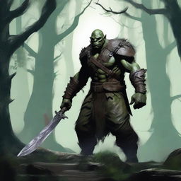 A rogue orc character standing in a dark forest, wearing tattered leather armor and holding a dagger